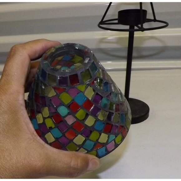 Mosaic Glass Table Votive Lamp Multicolor Stained Glass Shade Metal Base - Picture 7 of 13